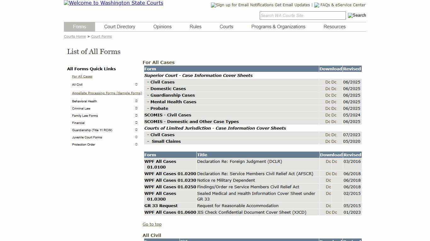 Washington State Courts - Court Forms - List of All Forms