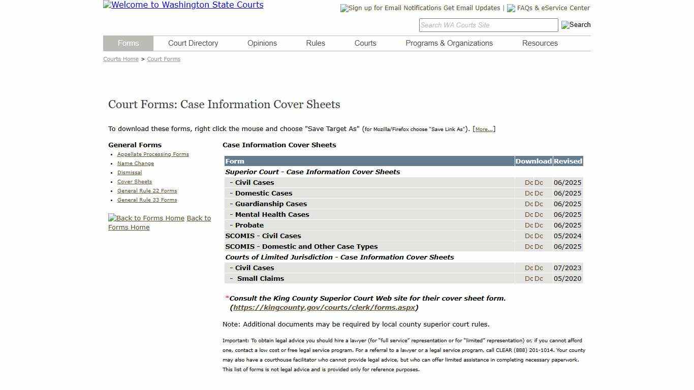 Washington State Courts - Court Forms - Cover Sheets